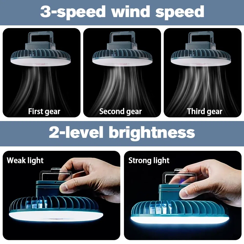 Ventilateur Lampe de Camping LED, Lampe de Tente LED avec Ventilateur Rechargeable USB, Ventilateur USB léger, Lumière avec Aimant Crochet Suspension, pour Camping Gril (bleu)