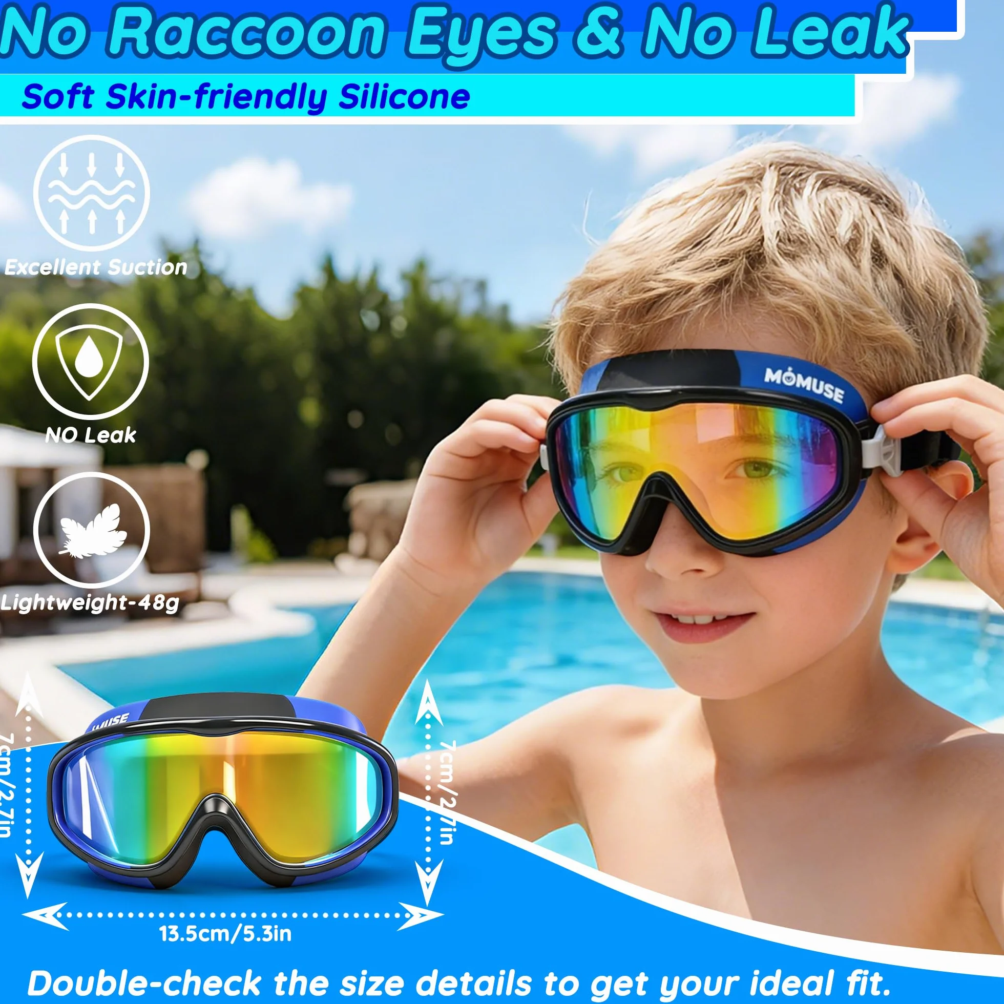 MOMUSE Lunettes Piscine pour Enfants 2PCS,Sangle en Tissu Confortable, Lunettes de Natation Enfants 3 4 5 6, Protection UV Lentilles Antibuée, Etanches, pour Garçons et Filles 3-14 Ans, Piscine Plage