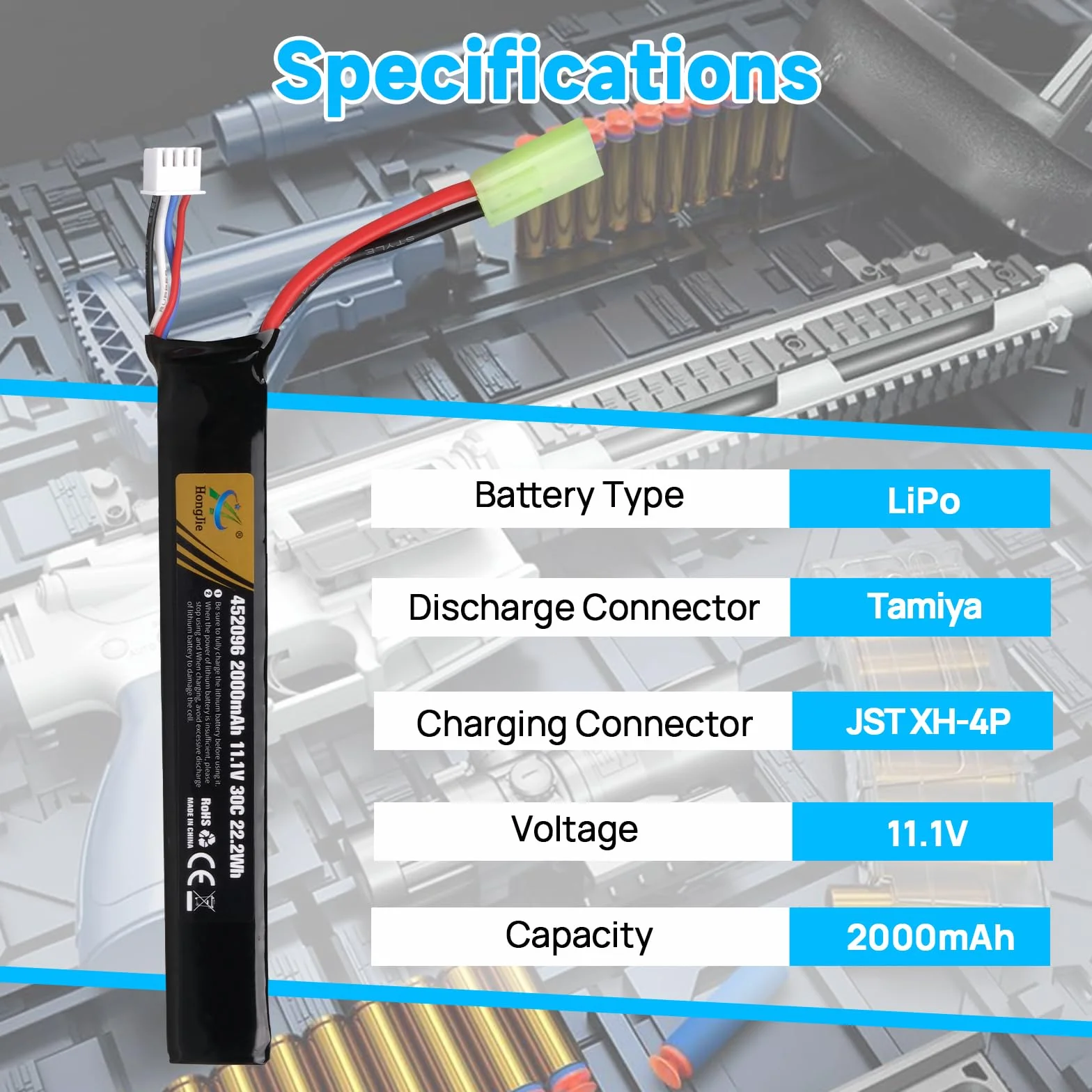 11,1 V 2000 mAh 30 C 3S Batterie LiPo Rechargeable avec Tamiya Connecteur pour Fusils Airsoft M4, M110, AK47, L85, MP5, Scar, M249, AUG, AEG, MP5K, M60, RPK, PKM