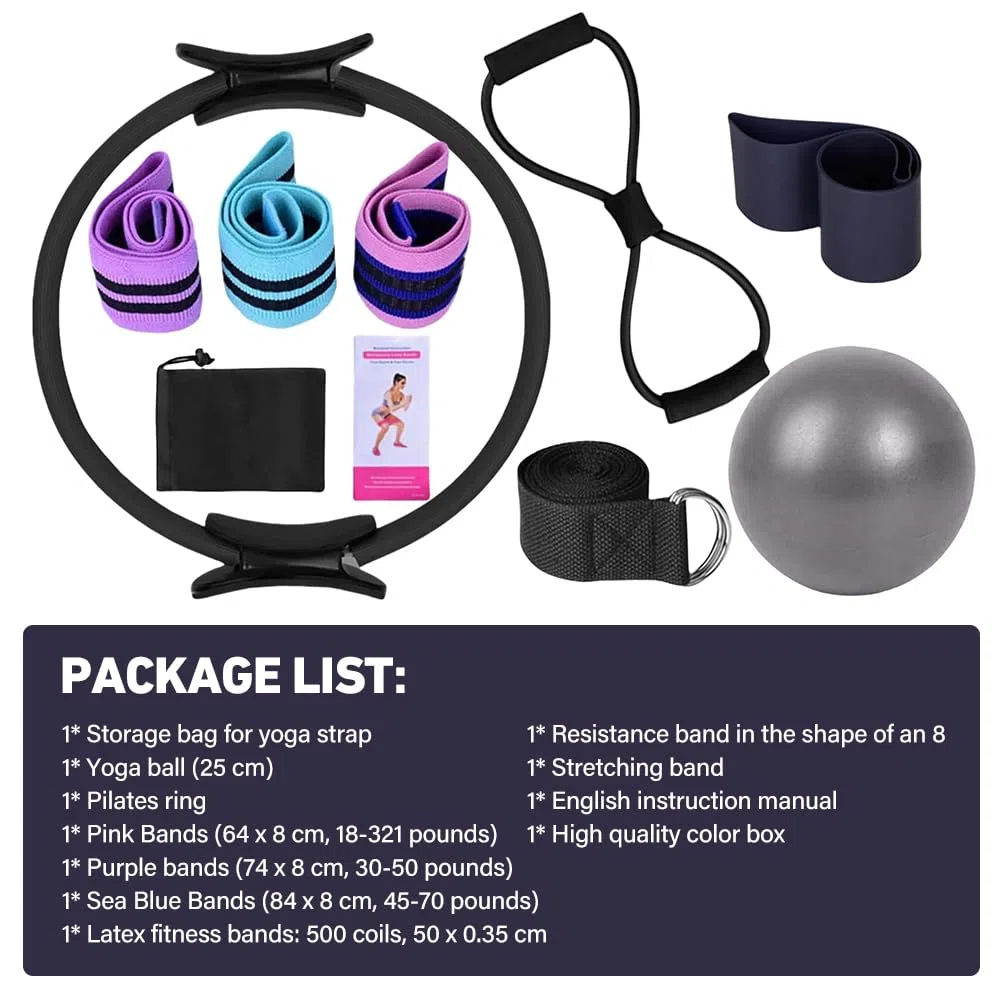 11 Articles Kit Pilates, Pilates Accessoires, Fitness Materiel, pour Tonifier Les Cuisses, Les Fesses, Les Abdominaux Et Les Jambes, pour La Formation Au Gymnase, Hommes, Femmes (Noir)