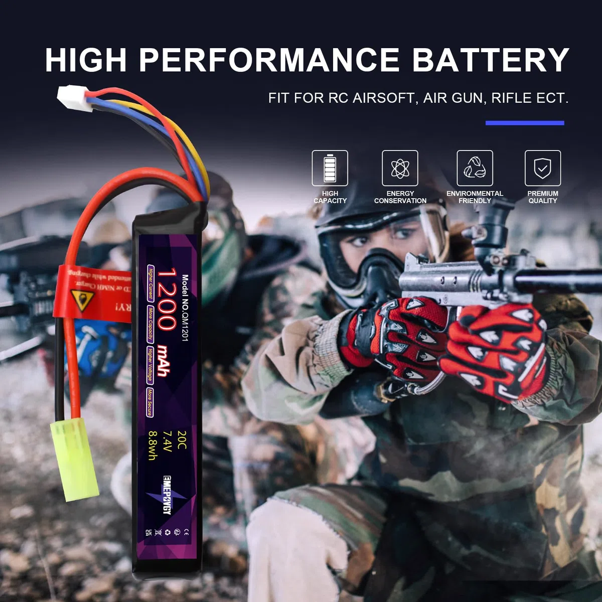 2S Lipo 2096 Lot de 2 batteries rechargeables au lithium polymère 7,4 V 1200 mAh 20 C avec mini prise TMY pour pistolets Airsoft