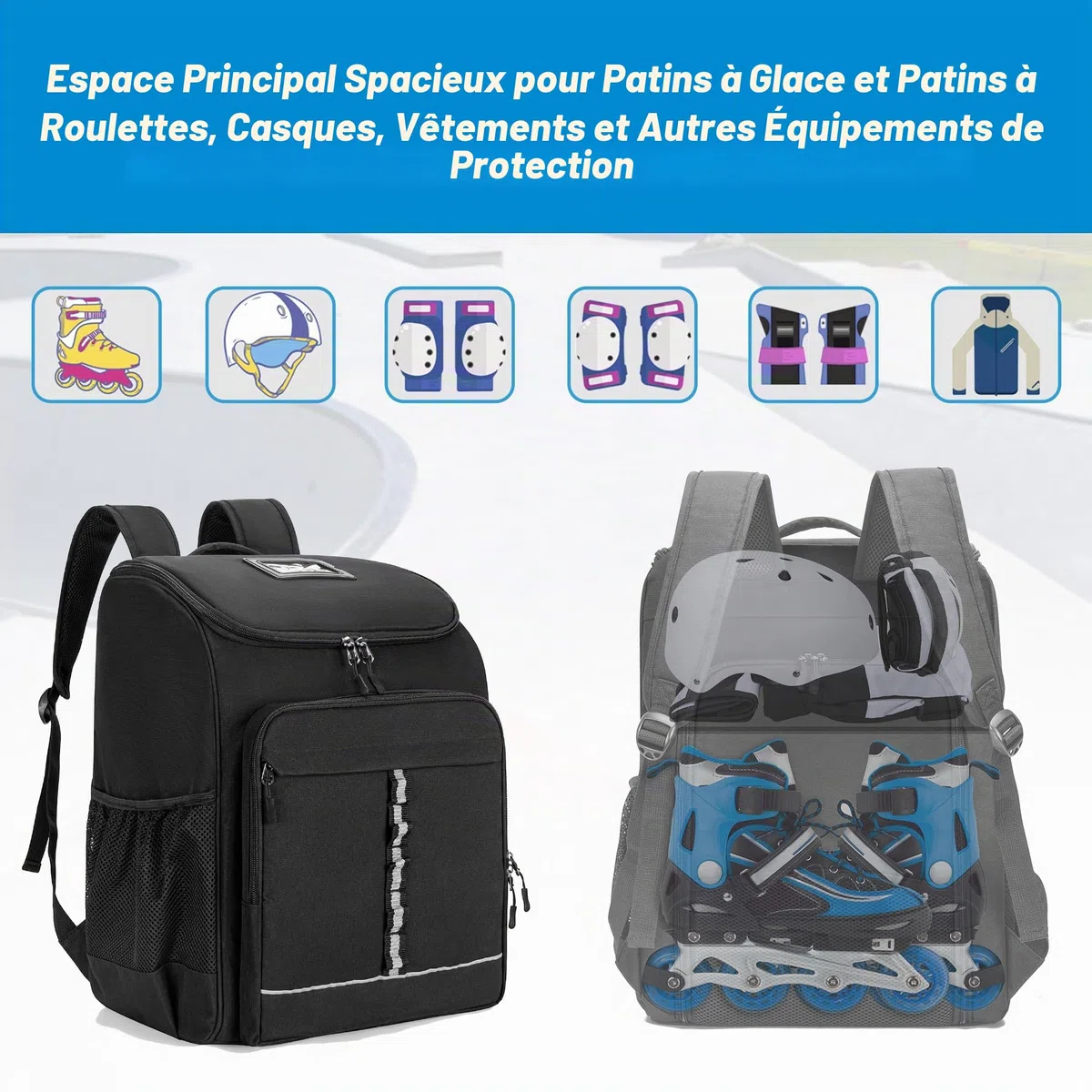 GOBUROS Sac de Patinage à roulettes pour Patins à Glace, Sac à roulettes avec Poche Supérieure pour Casque, Sac à Dos avec Bandoulière Rembourrée Réglable pour Équipement de Patins-Version Améliorée