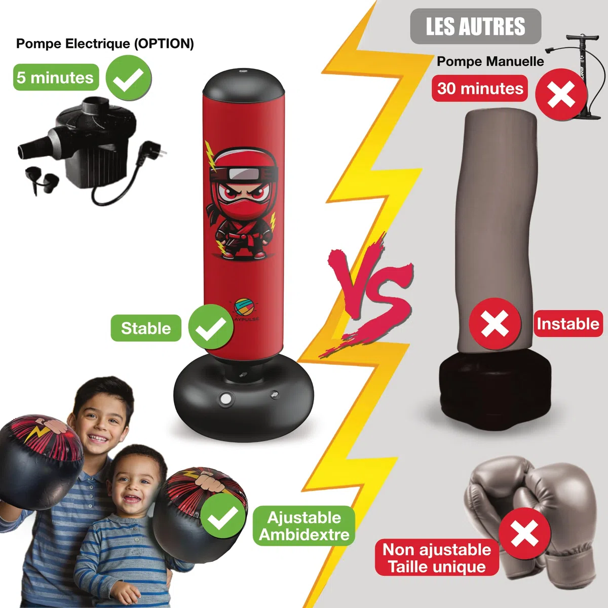 Sac de Frappe Enfant 160CM - Punching Ball Enfants + Pompe Électrique + Gants de Boxe Gonflables - 3 à 12 Ans - Jeu Exterieur Enfant et intérieur - Sac de Frappe sur Pied - Sac de Boxe