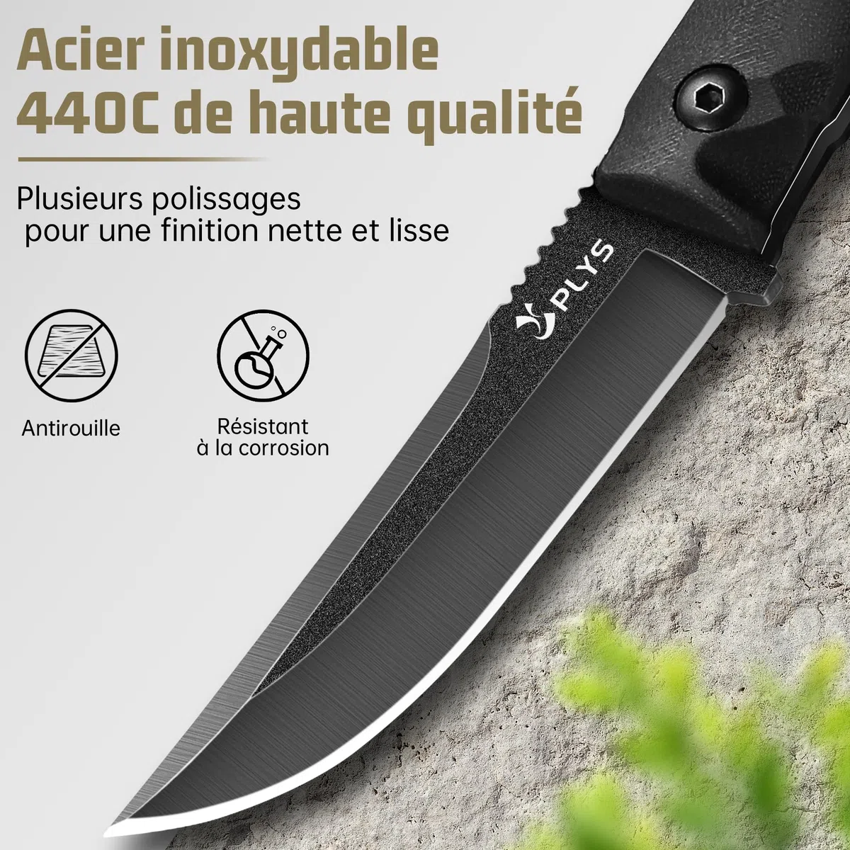 Plys Couteau de Survie D'ExtéRieur Full Tang, Lame 440c de 10,3 Cm, Manche en G10 Avec éTui Kydex, Adapté au Camping, à La RandonnéE, Cadeau Pour Homme