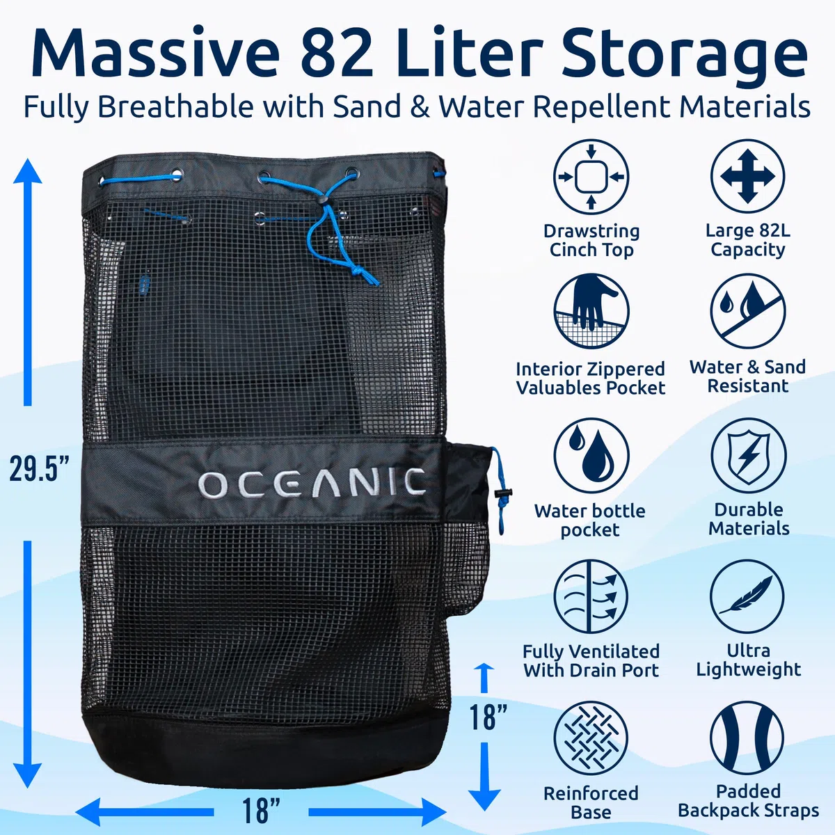 Oceanic Sac de plongée avec tuba, sac de plongée XL en maille, léger, séchage rapide, sangles rembourrées, poche intérieure, idéal pour la plongée avec tuba, équipement de plage et sports de plein air