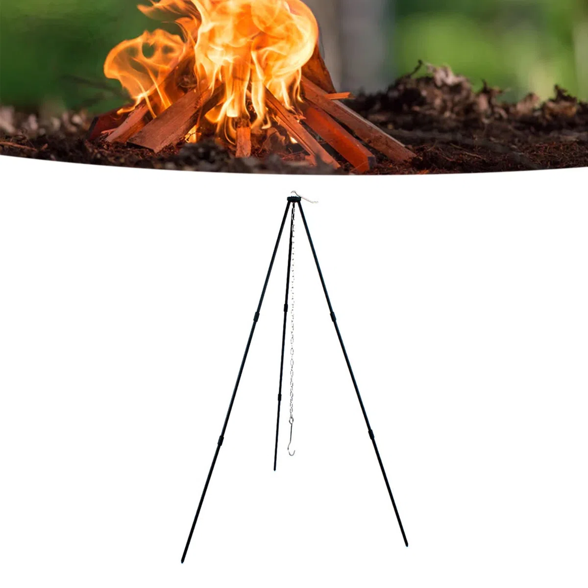 Topyond Trépied De Cuisine Pliable pour Feu De Camp - Accessoires De Camping pour Trépied en Alliage D'aluminium avec Chaîne Et Sac De Transport - Idéal pour Le Camping en Plein Air(Noir)