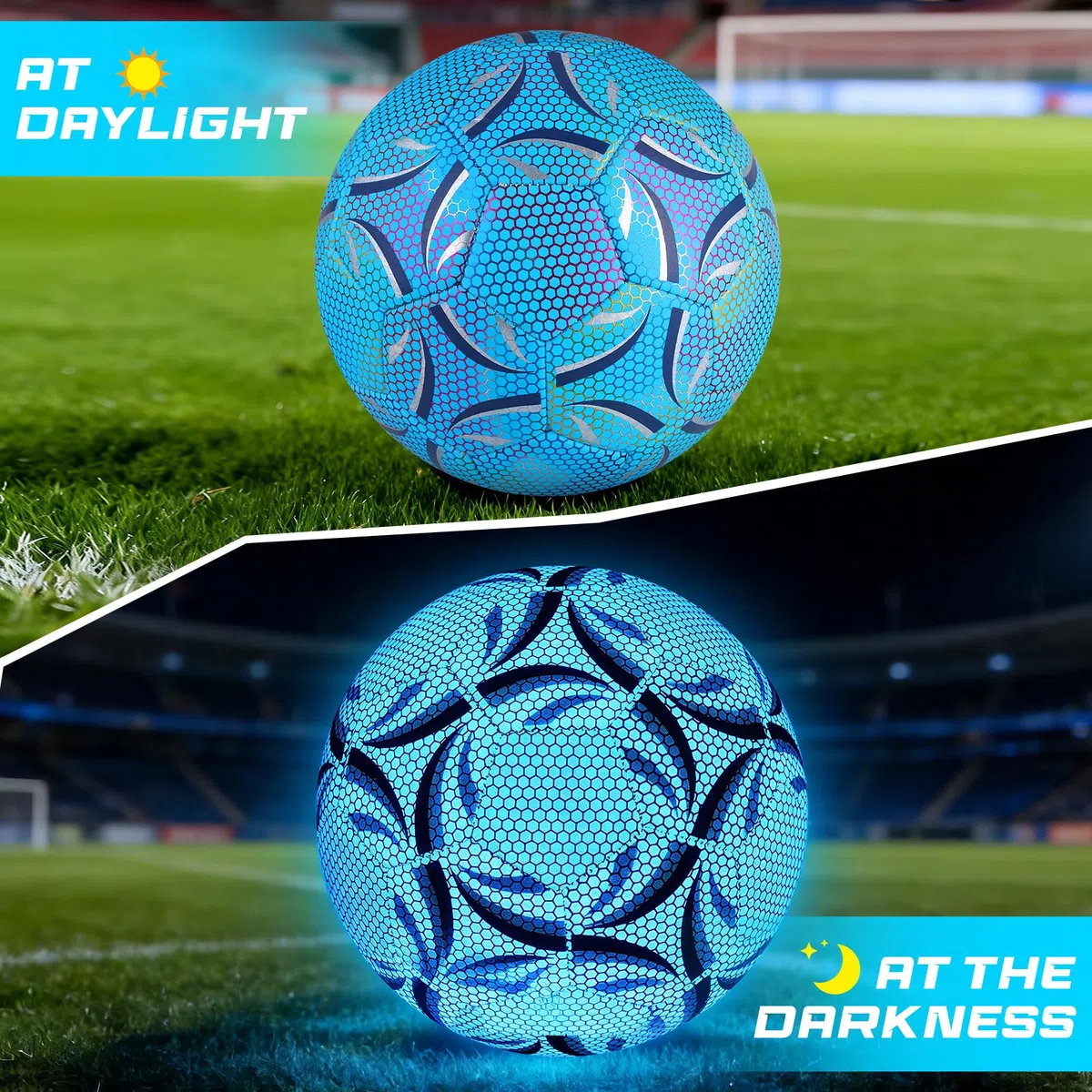 Ballon de Football en Fluorescence, Taille 5 Ballon de Football Lumineux avec Pompe et Sac de Rangement pour Jeux Nocturnes Entraînement, Jeunes et Adulte Ballon de Match de Football(Bleu)