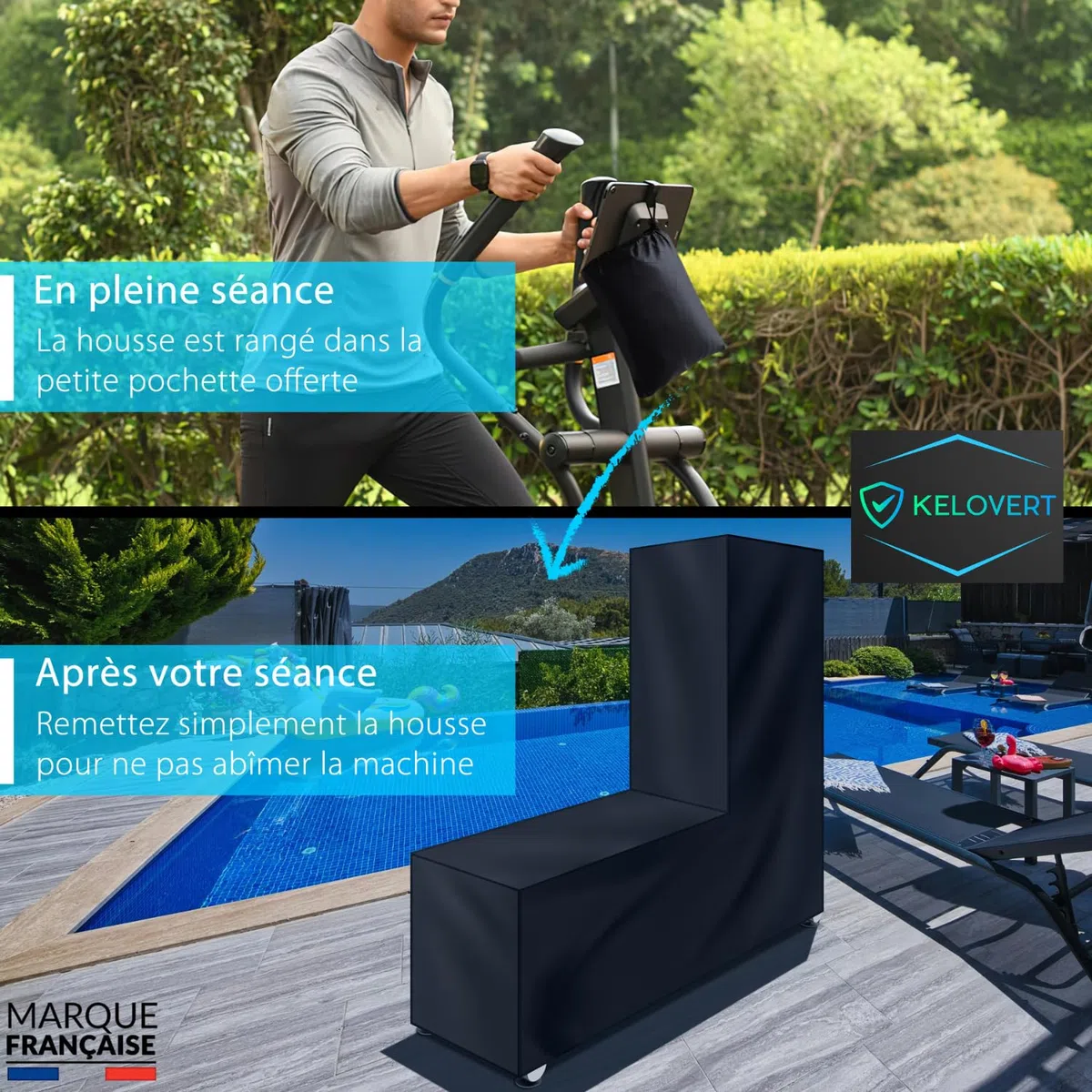 Housse Velo Elliptique Extérieur/Intérieur Imperméable ✮MARQUE FRANCAISE✮ Accessoire Bache Protection Intégral 170x170x70cm Couverture Cross trainer Eliptical Machine Appartement (GARANTIE À VIE)+Étui