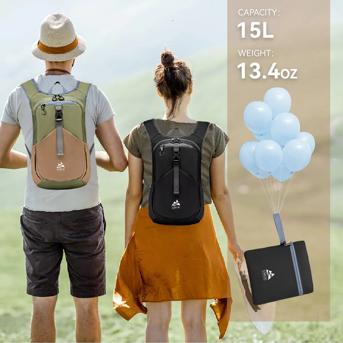 Petit Sac à Dos de Randonnée 15L pour Hommes Femmes, Léger Sac à Dos Pliable pour les Voyages en Ville, Noir