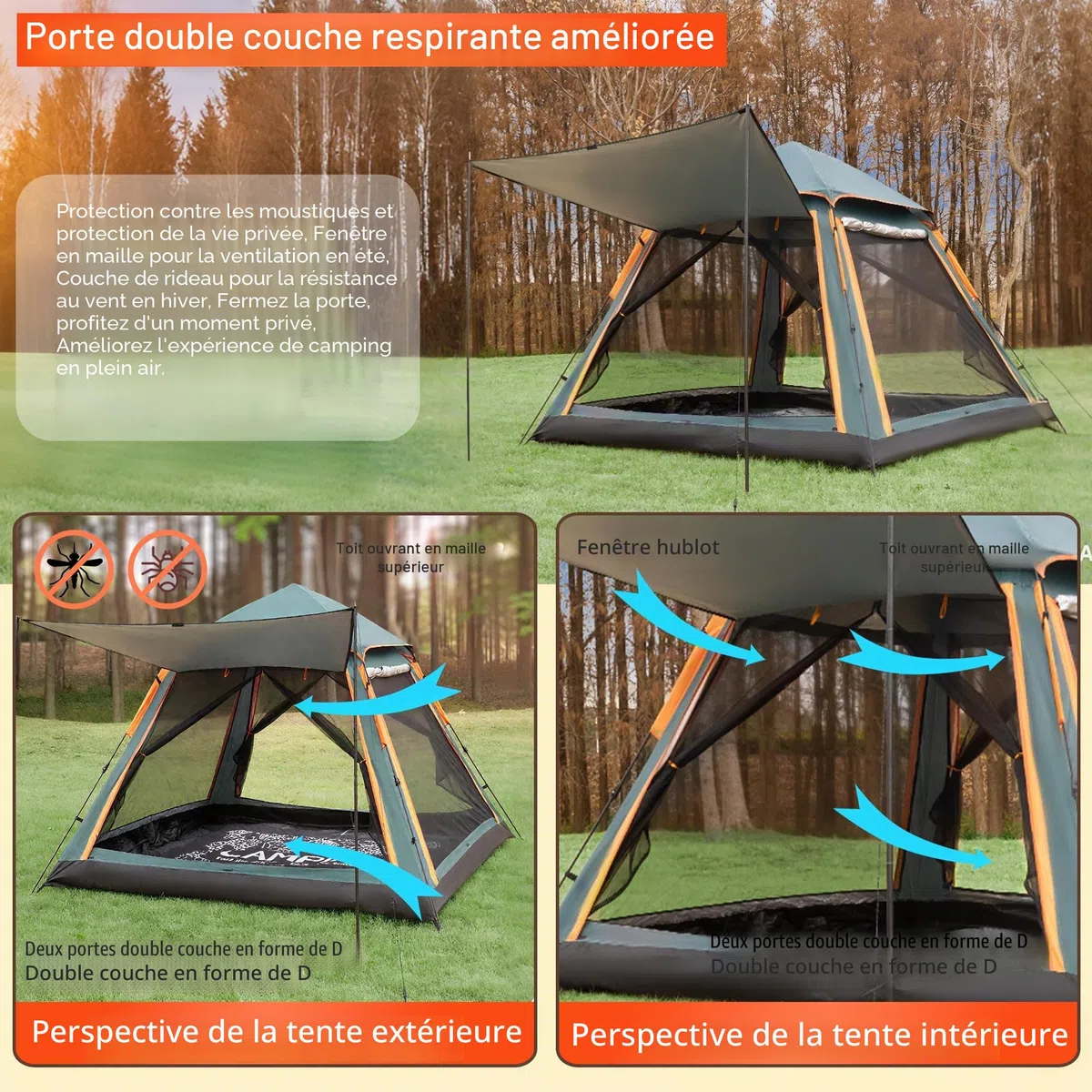 Tente QQ CAT à déploiement rapide 2 places, tente de camping instantanée dôme étanche 3000 mm avec auvent, tente automatique anti-vent pour festival pour adultes 4 saisons, vert/orange