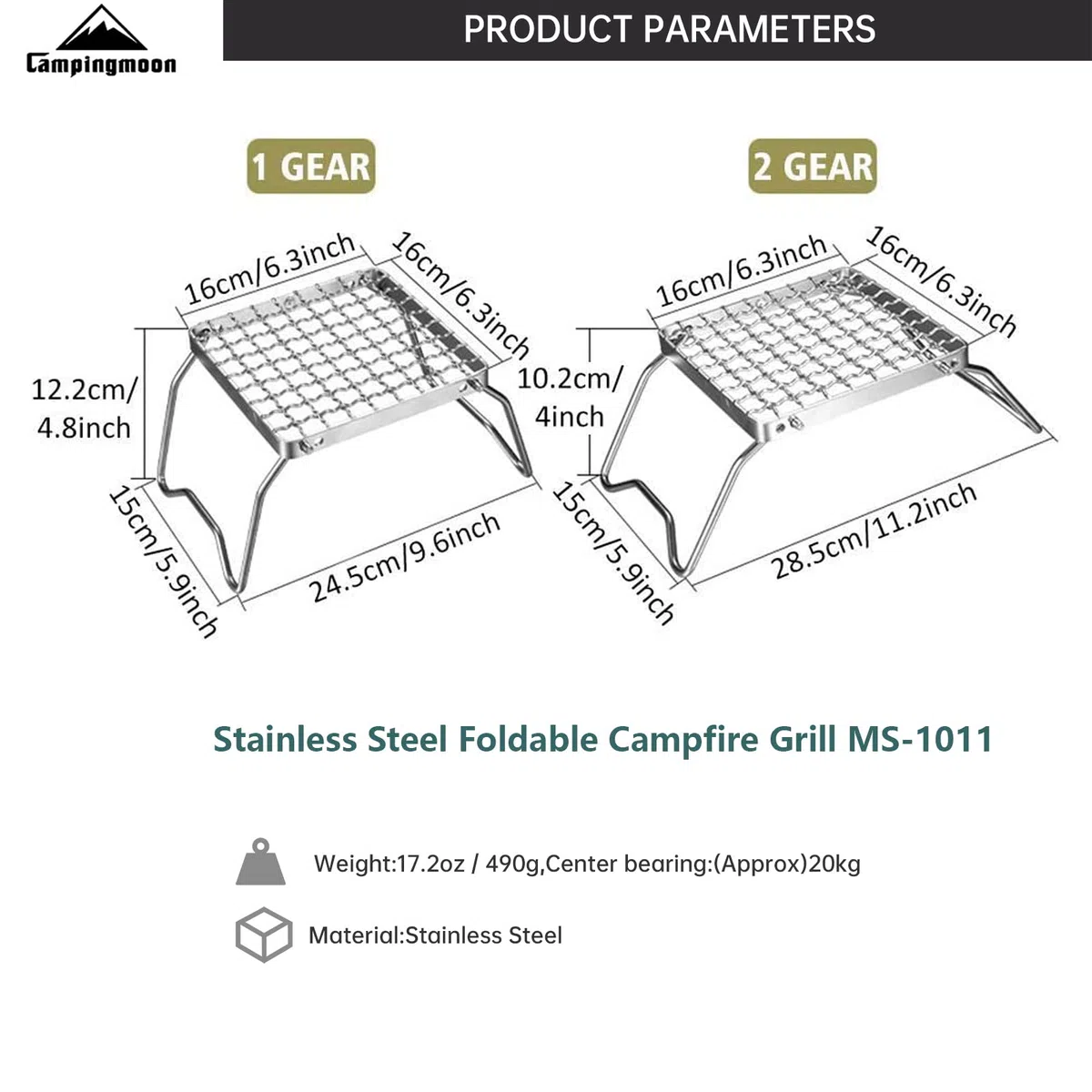 Campingmoon Grille portable pour feu de camp en acier inoxydable 304 pliable avec pieds et sac de transport
