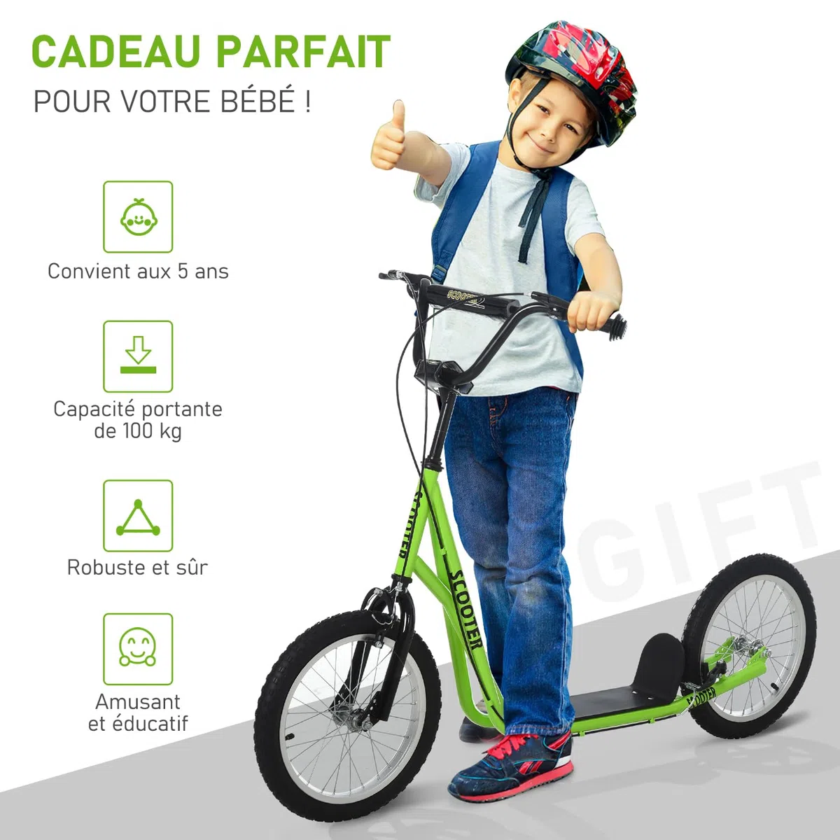 HOMCOM Trottinette patinette pour Enfants à partir de 5 Ans Grands pneus en Caoutchouc Guidon réglable poignée Frein et béquille Acier Charge Max. 100 Kg