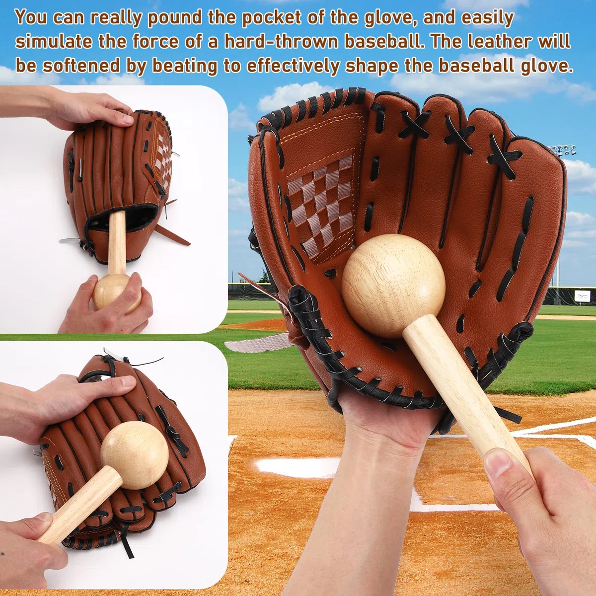 TOBWOLF Lot de 10 gants de baseball à casser, gants de baseball, maillet, moufles de baseball, marteau de baseball en bois, raquette de baseball/softball Fungo avec filet de rechange, cadre en fer