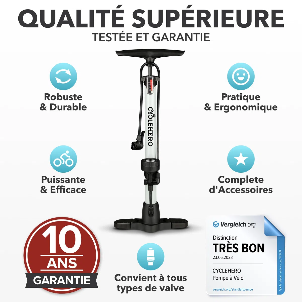 Pompe à vélo toutes les valves * Test très bien - Garantie 10 ans * Pompe à air puissante pour vélo - Pompe à vélo à valve française - Pompe sur pied avec manomètre - Pompe à air sur pied