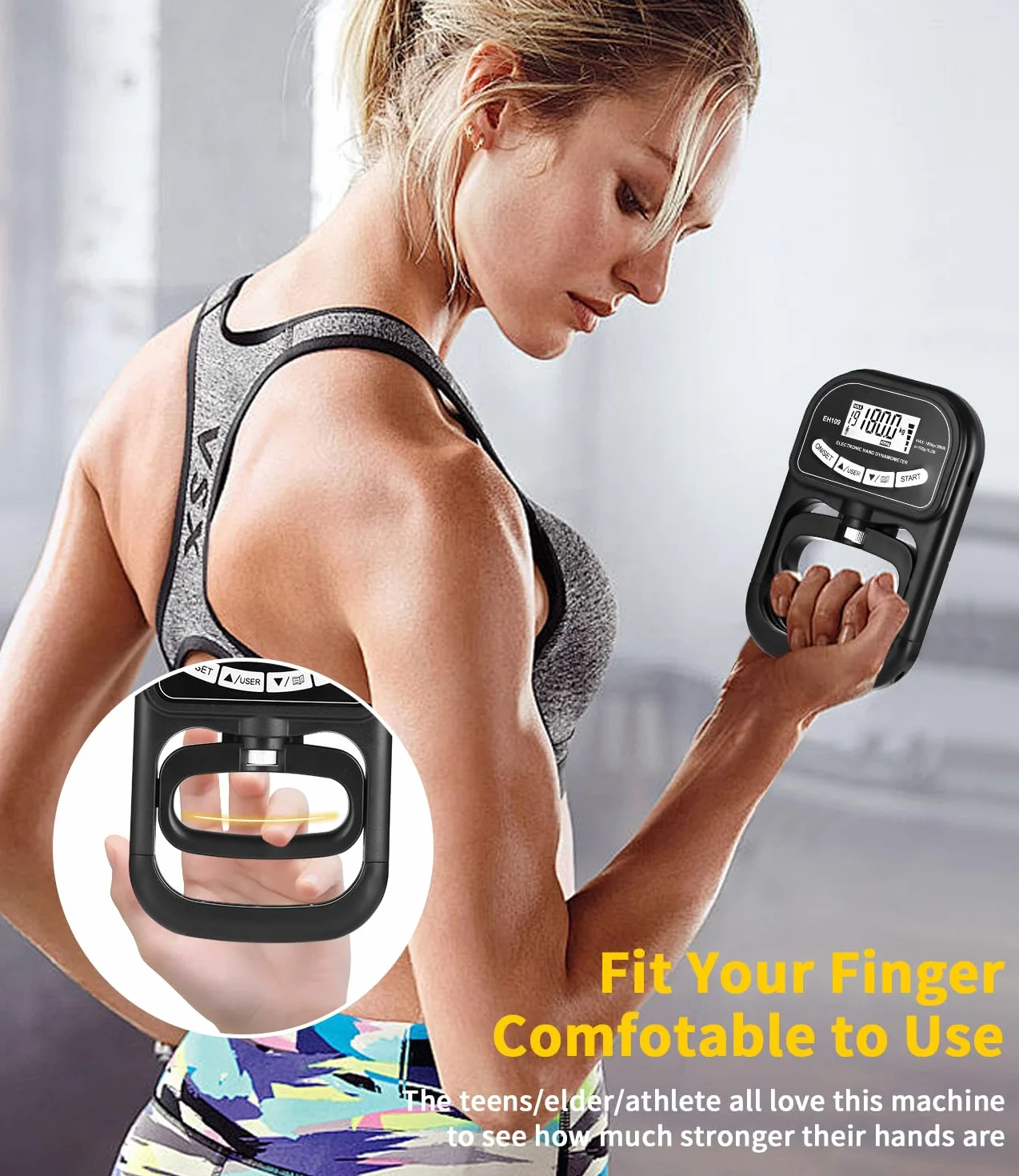 Entraîneur de force de préhension de 180 kg,Dynamomètre à Main numérique,Dynamomètre électronique rechargeable avec affichage LED,Valeur de test précise au gramme près, poignée réglable, noir