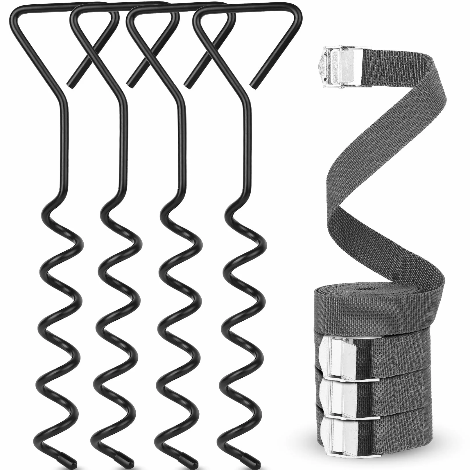 4 PcsAncrage au Sol, Kit Ancrage Balancoire, Kit Ancrage Trampoline en Spirale, Chevilles d'ancrages à Vis pour Accessoires Trampolines Maison Jardin + 4 Sangles d'Arrimage de 3 m