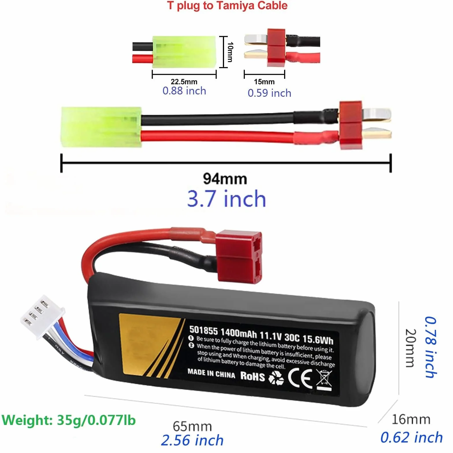 Batterie Airsoft 11.1V 3s 30C 1400mAh Batterie LiPo Rechargeable avec Prise en T vers connecteur de câble Mini Tamiya Chargeur USB pour Pistolets modèles Airsoft Batteries Gel Accessoires 2 PCS