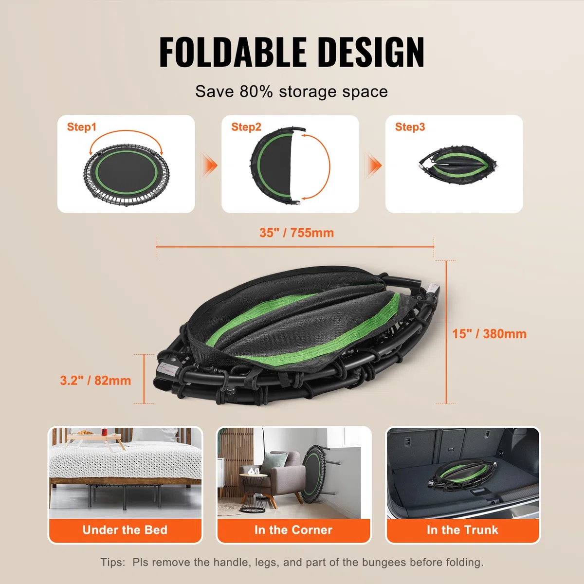 VEVOR Mini Trampoline Pliable, 1027 mm, Fitness rebounder, Charge Max. 150 kg, Stable et Silencieux avec poignée en Mousse réglable en Hauteur à 4 Niveaux, pour entraînement intérieur/Jardin Adultes