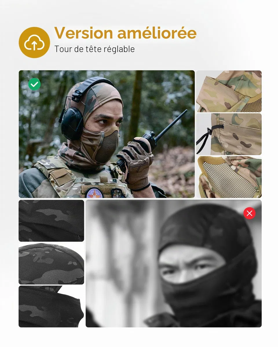 OneTigris Cagoule Masque Tactique Balaclava en Maille Style Ninja Militaire de Protection Complet pour Airsoft Cyclisme Moto