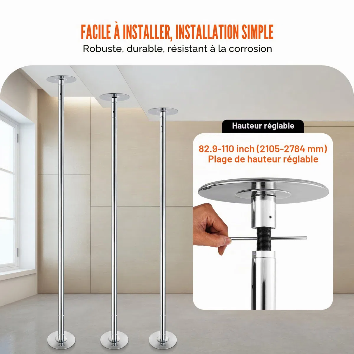 VEVOR Barre de Pole Dance Professionnelle, Pôle de Danse Statique et Rotatif, Kit de Danse à la Barre Verticale Amovible et Portable, Poteau en INOX Robuste 45 mm, Hauteur Réglable, pour Bar Domicile