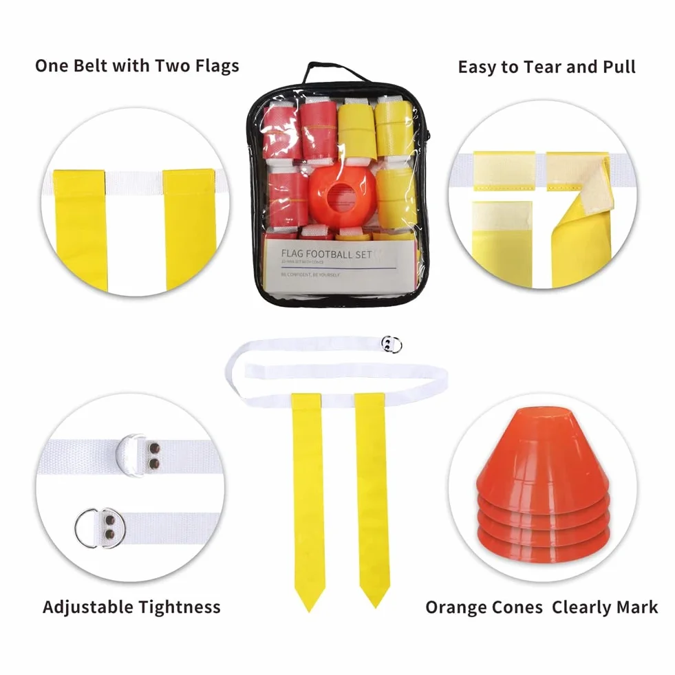 Flag Football Set Ceintures de Football Kit 10 Joueurs Flag Football Ceintures et Drapeaux Set Jaune&Rouge