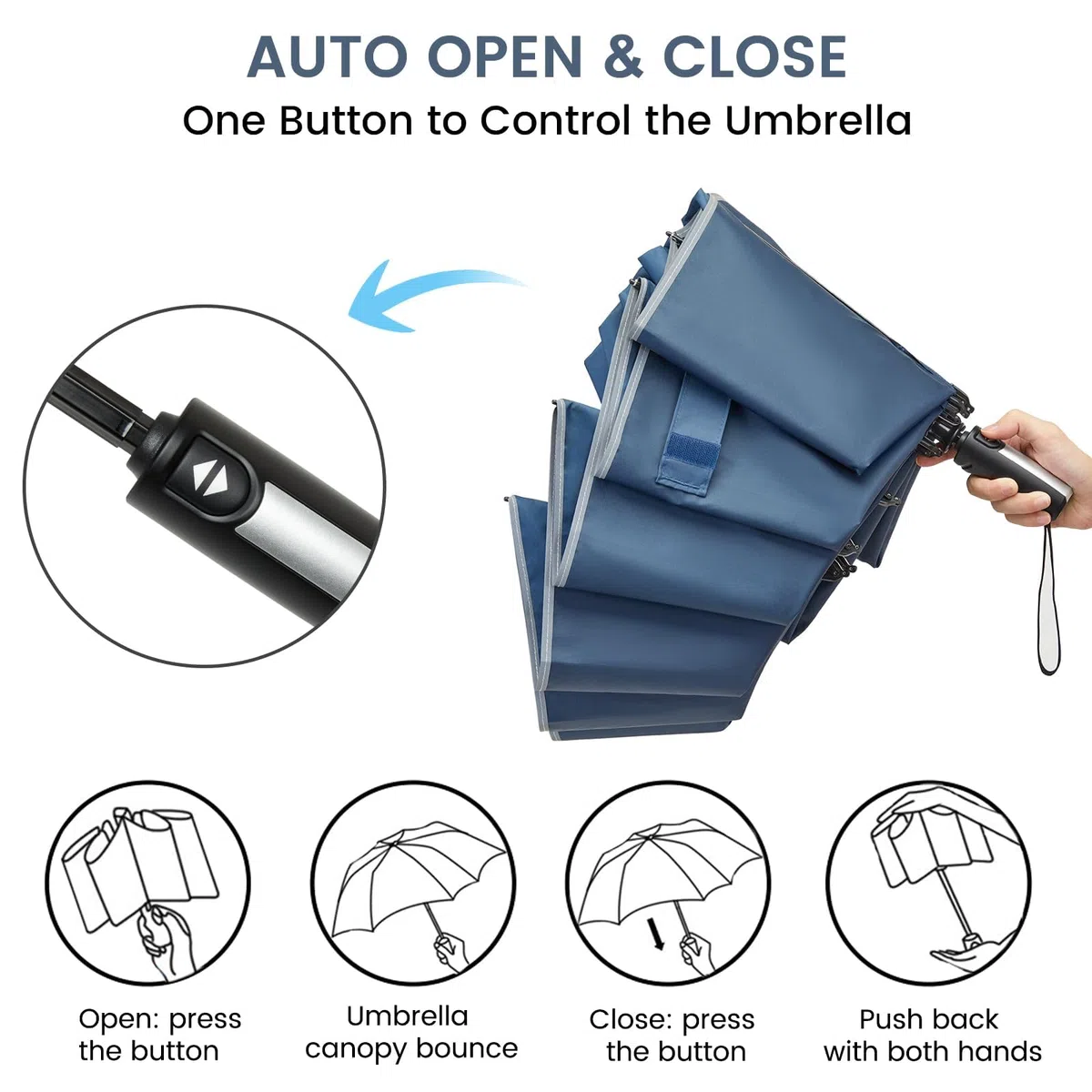 G4Free Parapluie pliable de 157,5 cm avec bande réfléchissante à 10 baleines, grand parapluie de golf de voyage, parapluie inversé, coupe-vent, double auvent à ouverture automatique