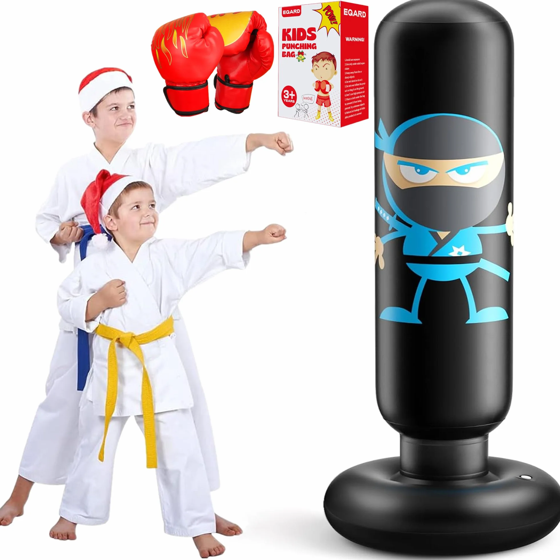 Sac de Boxe Enfant Ninja Design Gonflable Sac de Frappe avec Gants de Boxe 160cm Sac de Frappe avec Support Rebond Instantané pour S'entraîner au Karaté Taekwondo MMA Cadeaux Noel Enfant