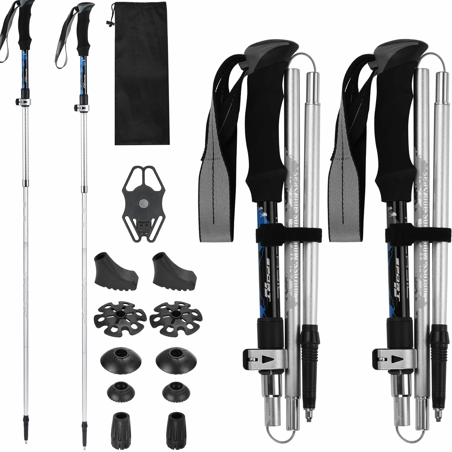Lot de 2 bâtons de randonnée pour homme et femme - Bâtons de marche nordique - En aluminium - Pliable - Léger - 110-125 cm - Pour l'alpinisme, la randonnée, le ski, le trekking