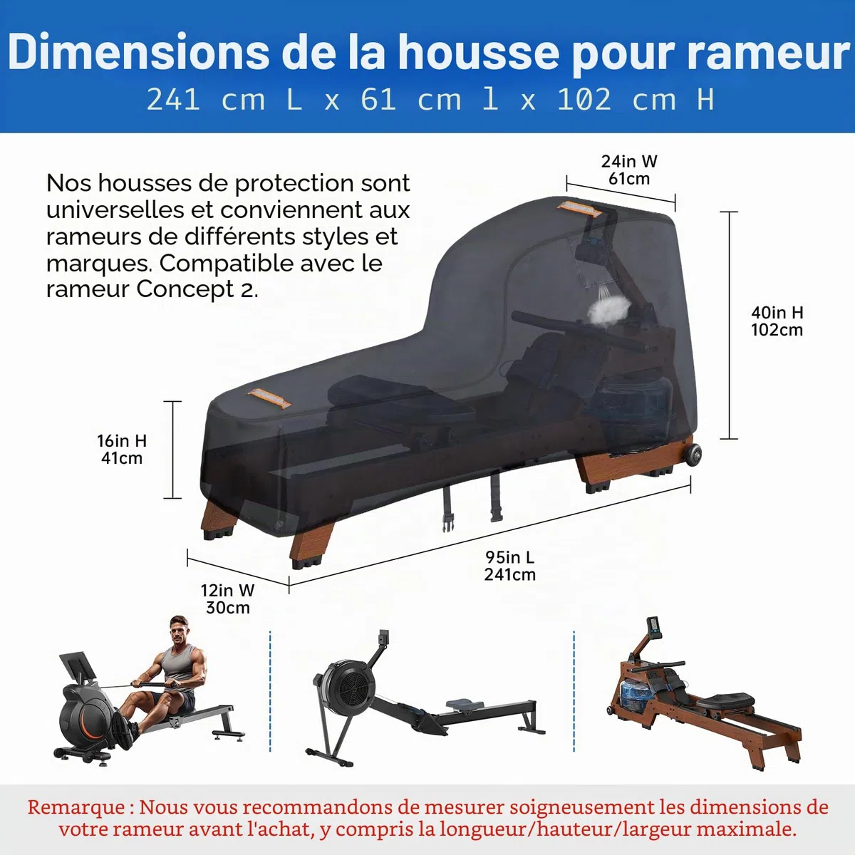 Housse de rameur, 420D robuste pour équipement de fitness Concept 2, imperméable, coupe-vent, 2 poignées, accessoires inclus