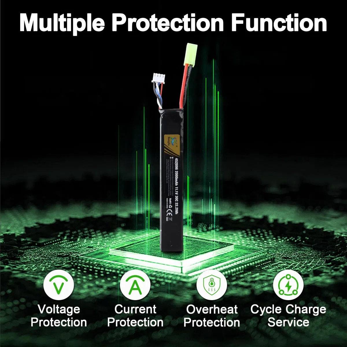 Batterie LiPo Rechargeable 11,1 V 2000 mAh, Compatible avec Le Connecteur Tamiya 3S 30 C pour Airsoft M4, M110, AK47, MP5, Scar, M249, AUG, AEG, MP5K, M60, RPK, PKM et Modèles Réduits