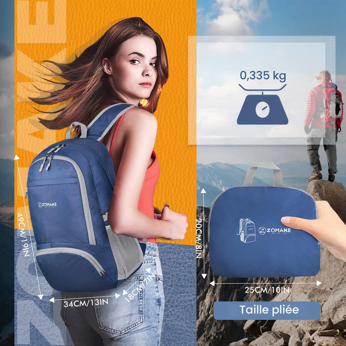 ZOMAKE Sac a Dos Pliable Ultra Léger Sac à Dos De Randonnée Petit Packable Daypack 30L,Pour Femme Homme Sports Et Plein Air(Bleu Marine)
