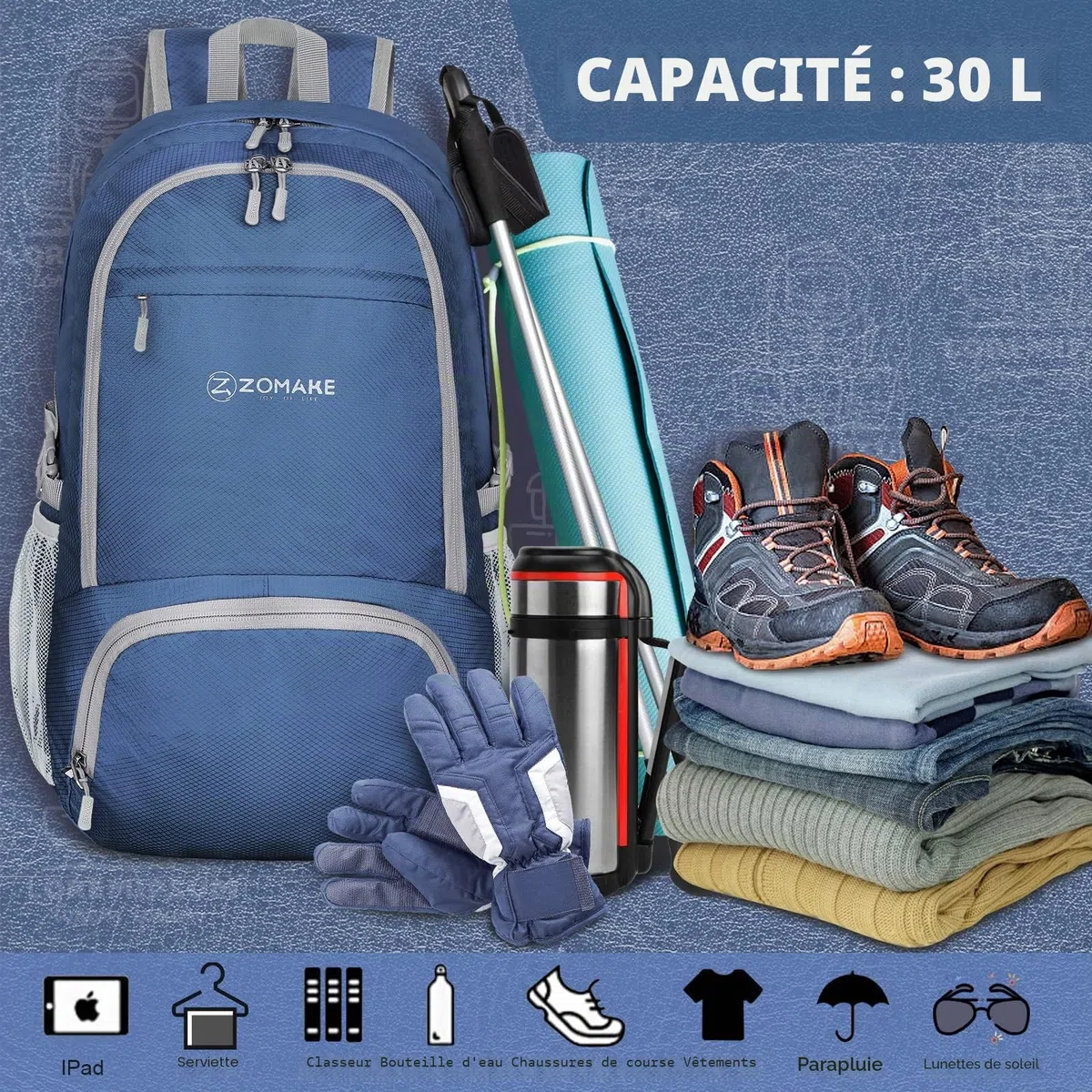 ZOMAKE Sac a Dos Pliable Ultra Léger Sac à Dos De Randonnée Petit Packable Daypack 30L,Pour Femme Homme Sports Et Plein Air(Bleu Marine)