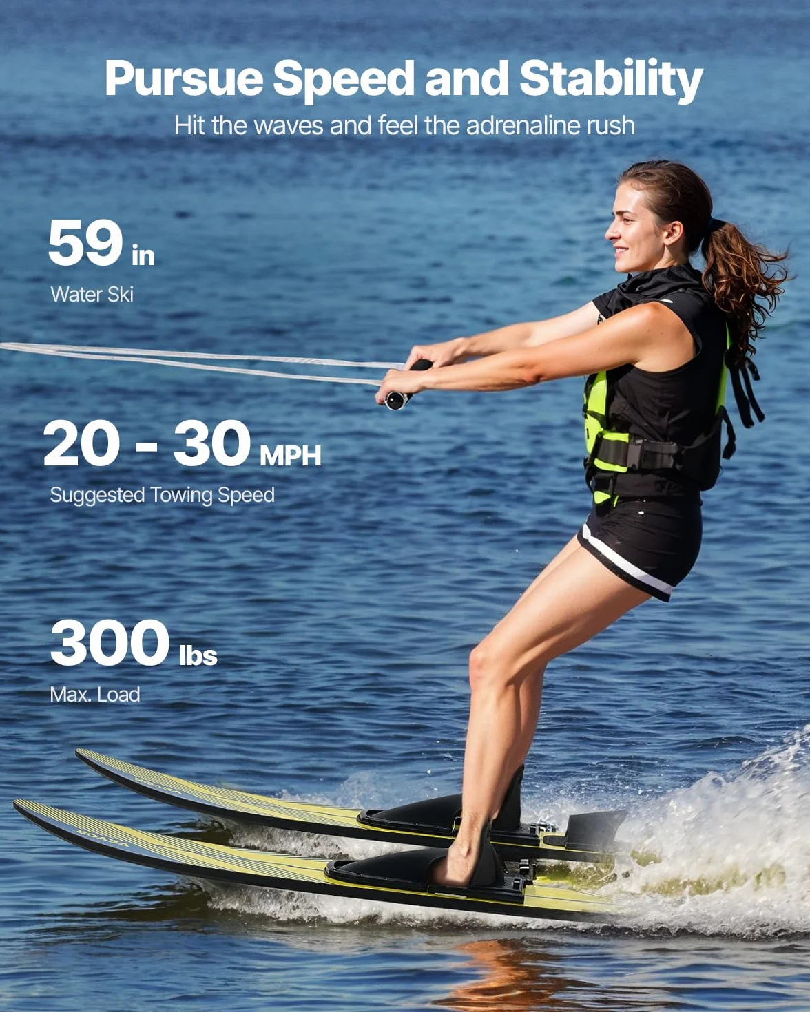 VEVOR Combo Skis Nautiques 150 cm, Matériels de Ski Nautique pour Adultes avec Fixations Réglables X-7 en Fer à Cheval et Plaque d'orteil Arrière Rembourrée, Revêtement UV Brillant, Sport sur l'eau