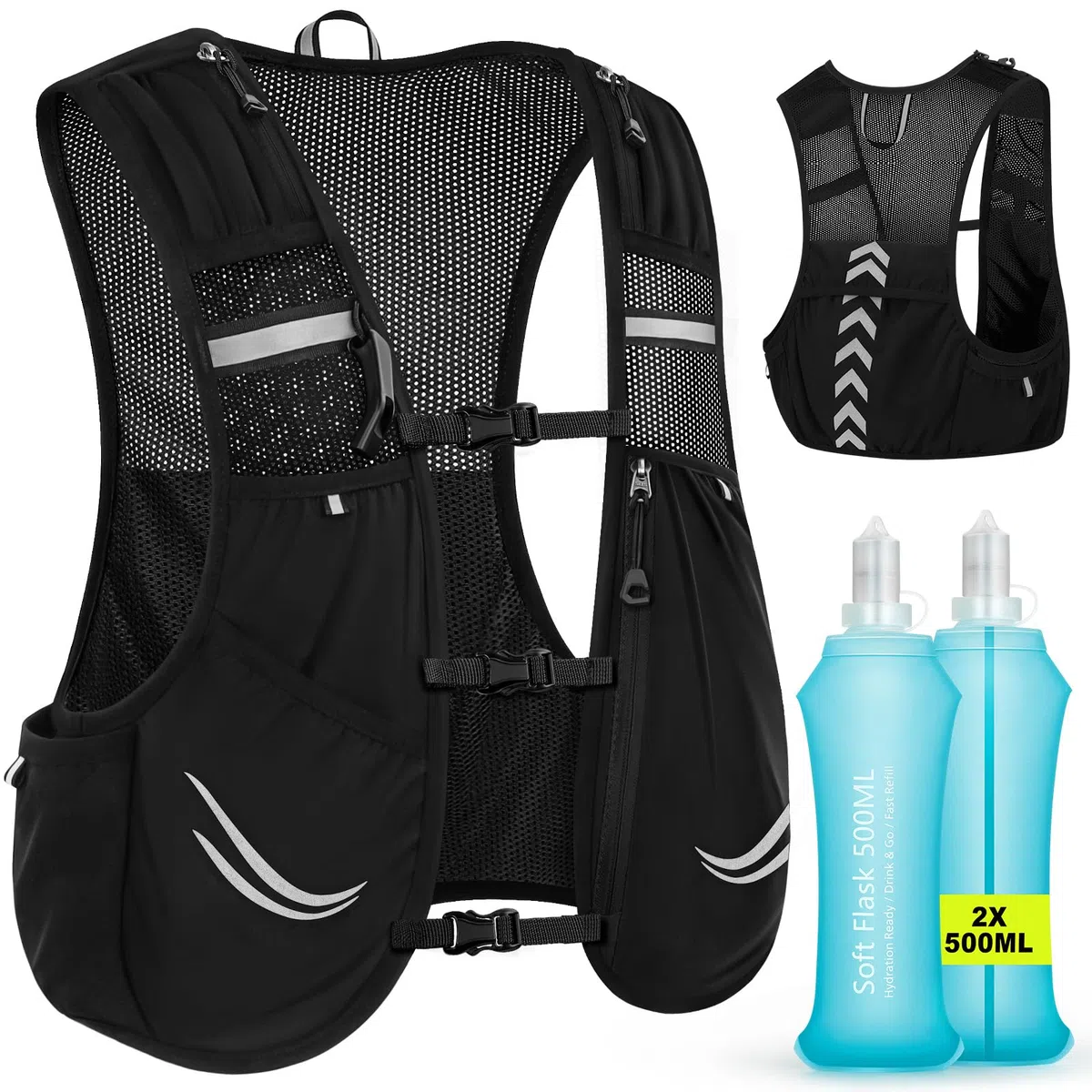 Charmofun Sac Hydratation Running, Gilet Hydratation Running Femme Homme, Gilet Trail Sac à Dos Léger et Respirant avec 2 Bouteille Souple 500ml pour Course à Pied, Randonnée, Cyclisme, Marathon