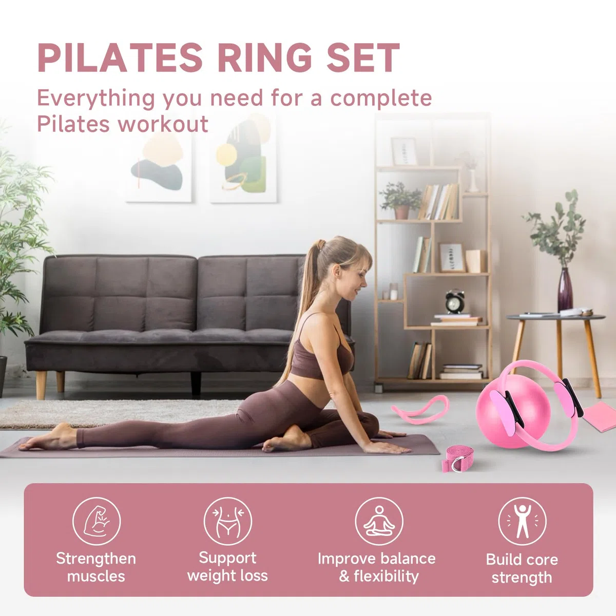 Cercle Pilates 38 cm, Kit Pilates Maison, Accessoires Anneau Yoga, Bande 1.5m, Ballon 25cm Bande d'Etirement, pour Force, Flexibilité, Stabilité, Débutants à Experts
