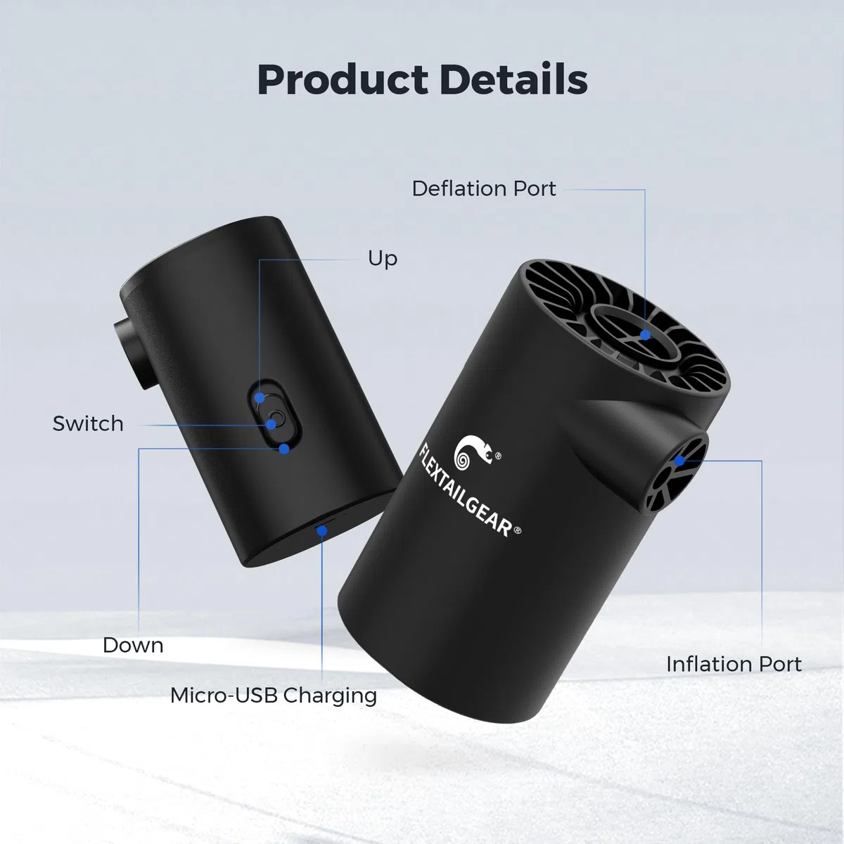 FLEXTAILGEAR Evo Pump, Pompe électrique Portable 4500Pa, Pompe pour Matelas pneumatique 250L/min, Batterie 3800mAh, gonflage et dégonflage pour lit pneumatique