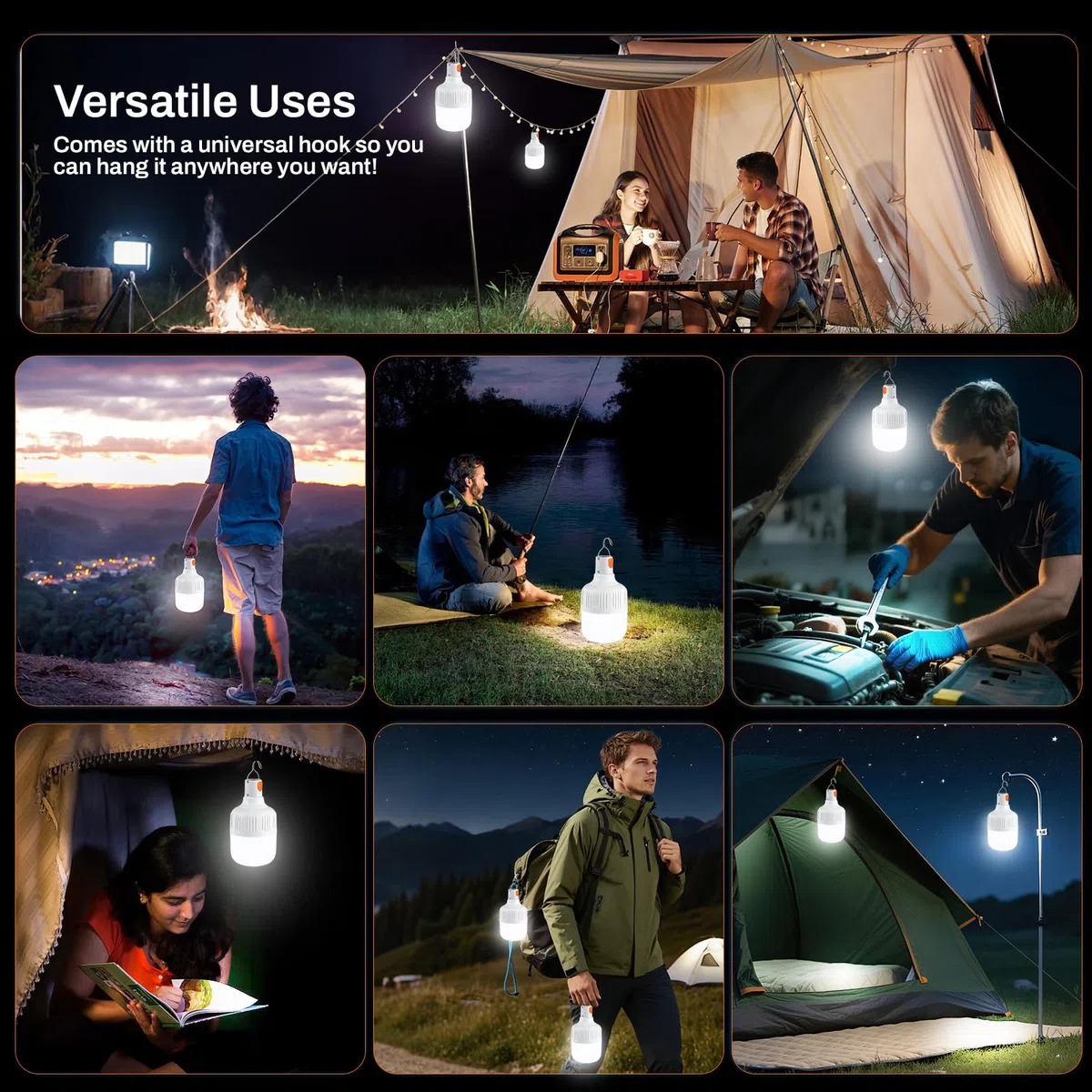 Lot de 5 Lanterne Camping LED, Lampe Camping Rechargeable, 3 Modes, 500 Lumens, Lumière d'extérieur portable pour Tente, Pêche, Randonnée, Urgence, Garage