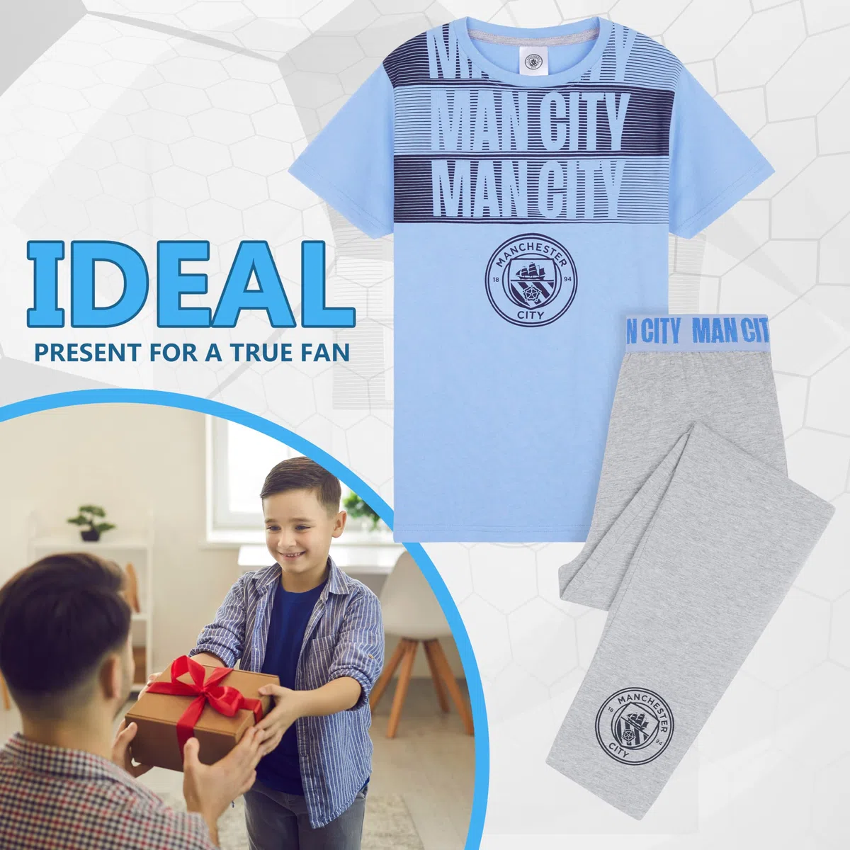 MANCHESTER CITY FC Pyjama Garçon - Confortable Vêtement de Nuit - Cadeau Enfant (Bleu/Gris, 13-14 Ans)
