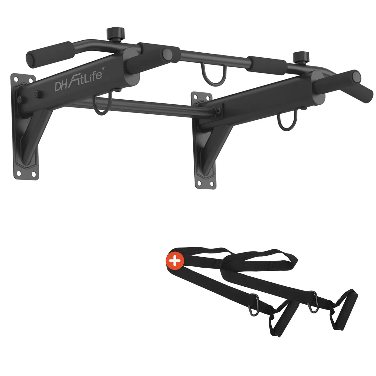 DH FitLife Barre de Traction 4 en 1 pour Montage Mural, Charge jusqu'à 200kg | Chevilles d'Expansion | Poignées Antidérapantes | Compatible avec Sac de Frappe & Entraîneur de Sangles
