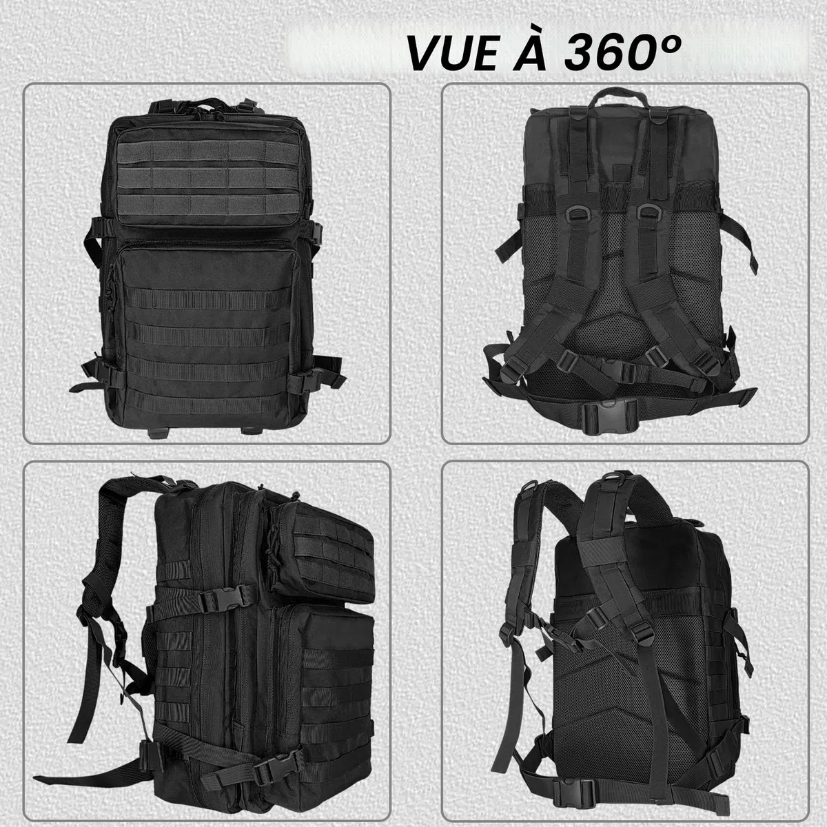 HEMSO Grand Sac à Dos Militaire 45L,Sac de Voyage Système MOLLE,Sac Crossfit de Sport pour Randonnée Trekking Moto Camping Voyage Pêche Alpinisme École (Noir)