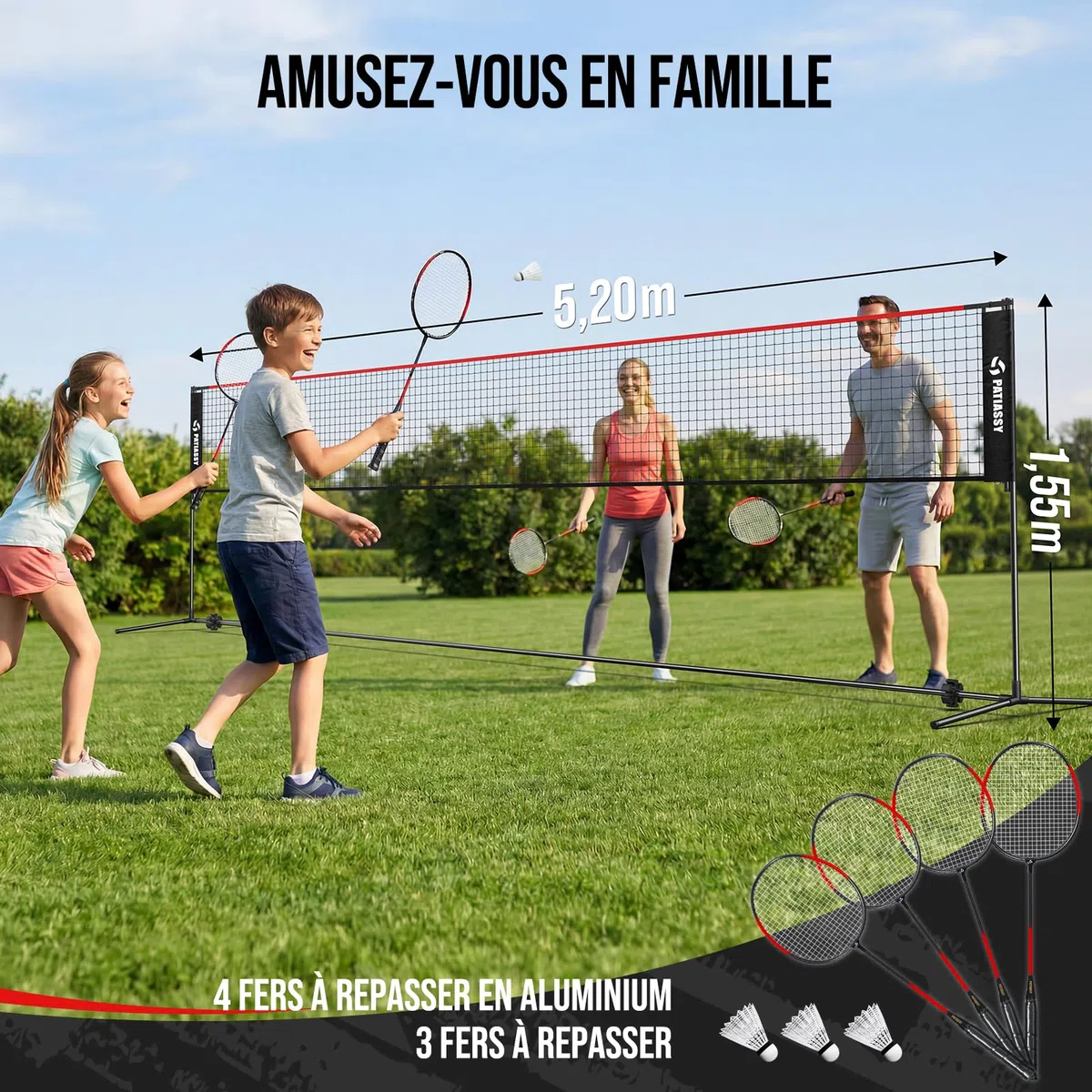 Filet de Badminton, Filet de Volley de 520 cm, 3 hauteurs Peuvent être ajustées, Ensemble Portable pour Le Tennis, à l'intérieur et à l'extérieur, Loisirs idéal pour Enfants et Adultes