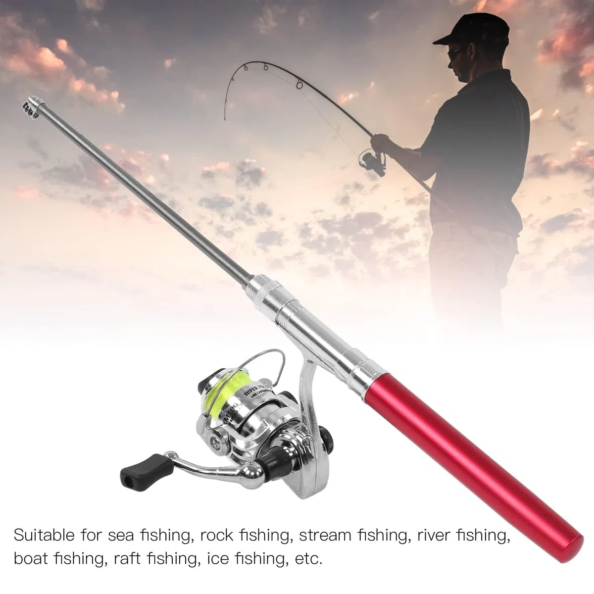 Canne à Pêche et Moulinet en Forme de Stylo, Pêche en Eau Douce et Salée, Rétractable, Rouge