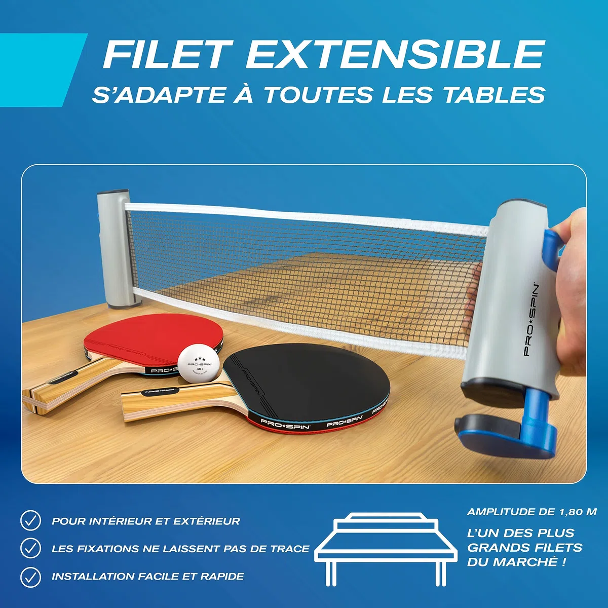 PRO-SPIN Filet de Ping-Pong Portable | Filet de Tennis de Table Rétractable pour Toutes Les Tables | Sac de Rangement Inclus
