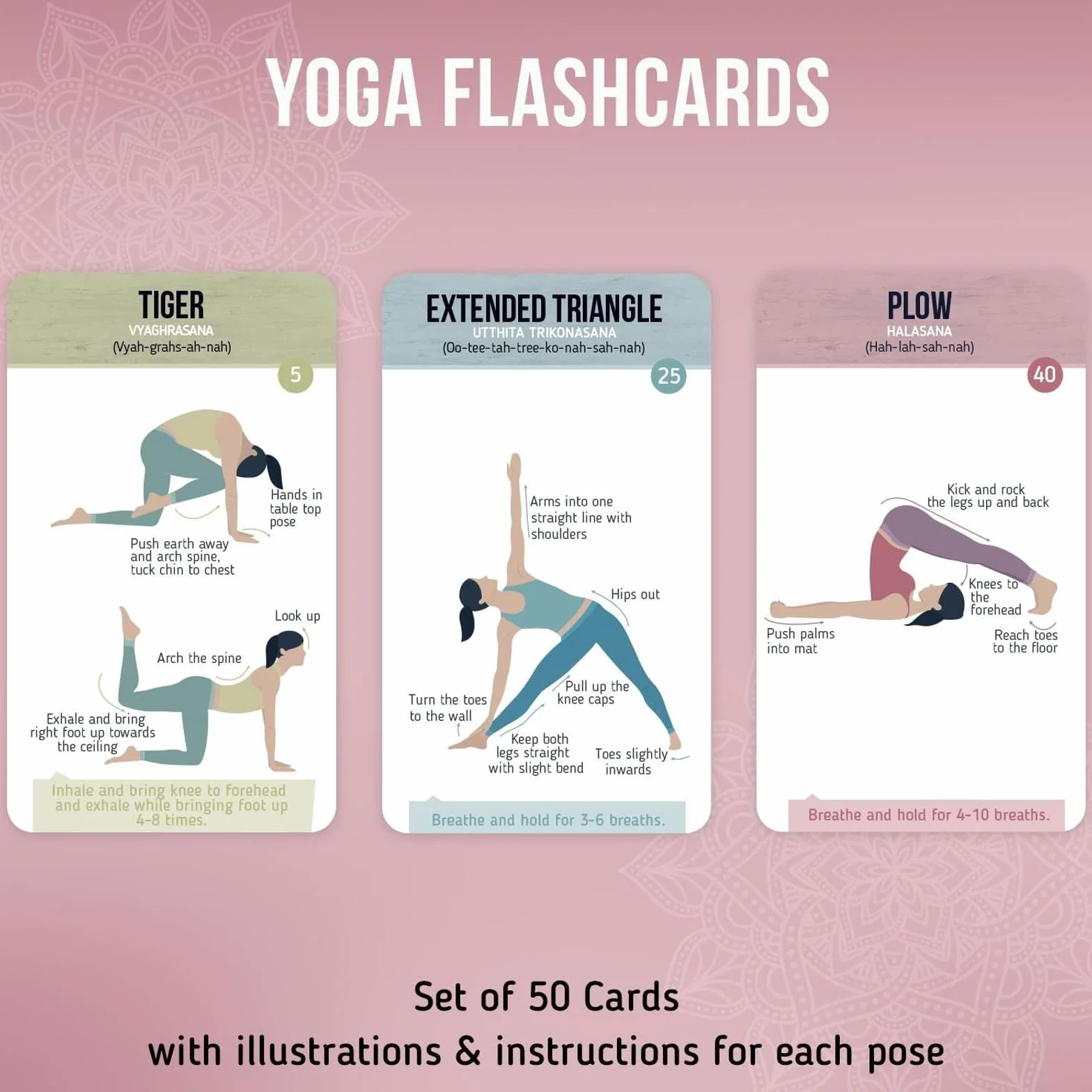 Merka Yoga Pose Flashcard Deck – 50 cartes flash en plastique – 45 asanas, 4 séquences, noms sanskrit – Équipement de fitness portable