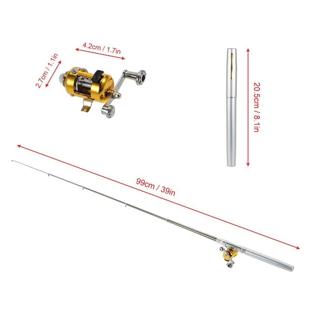 HUIOP Ensemble combiné de moulinet de canne à pêche Mini stylo de poche portable télescopique Canne à pêche et moulinet Ligne de pêche en alliage d'aluminium Leurres souples Appâts Jig Hooks,Fishing R