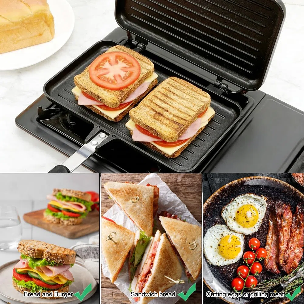 RANJIMA Poêle à frire double face avec poignée résistante à la chaleur - Pour le petit déjeuner, le camping, l'extérieur