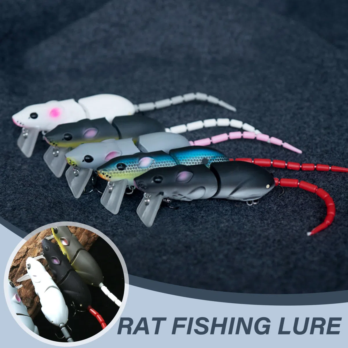 Lere de pêche Articulé 3,35, 5pcs Bionics Design Mouse Lures avec 2 Crochets aigus, Appât de pêche Professionnelle pour l'eau Douce et Salée