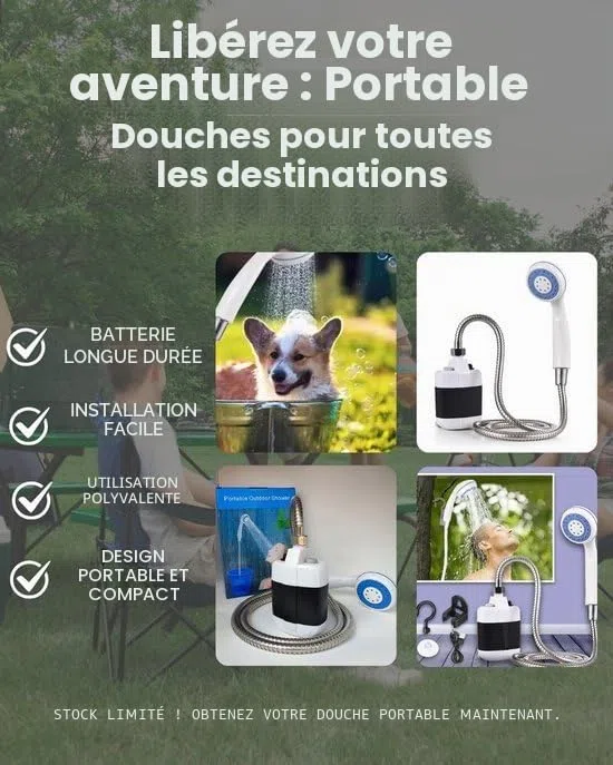 Douche extérieure portable 2200 mAh, douche de camping pour randonnée, sac à dos, voyage, plage, animaux domestiques, douche portable de camping | HYDROPORT