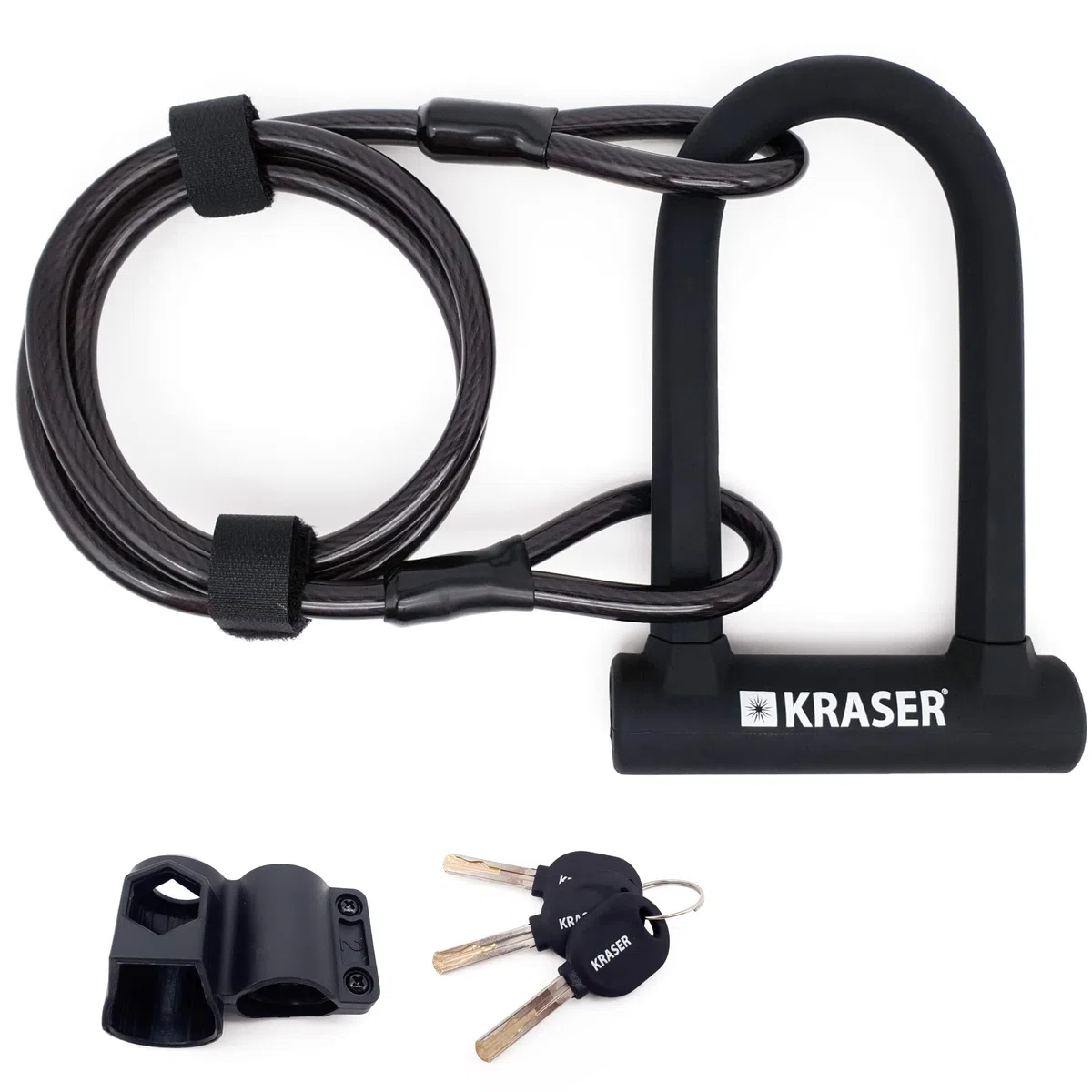KRASER KR65145B Antivol Vélo, Robust U + Cable 120cm Plus Sûr et Pratique, Anse ø16 Acier Double Verrouillage, Support Transport Facile, Protection Silicone Anti-rayures, Universel pour Scooter Vélo
