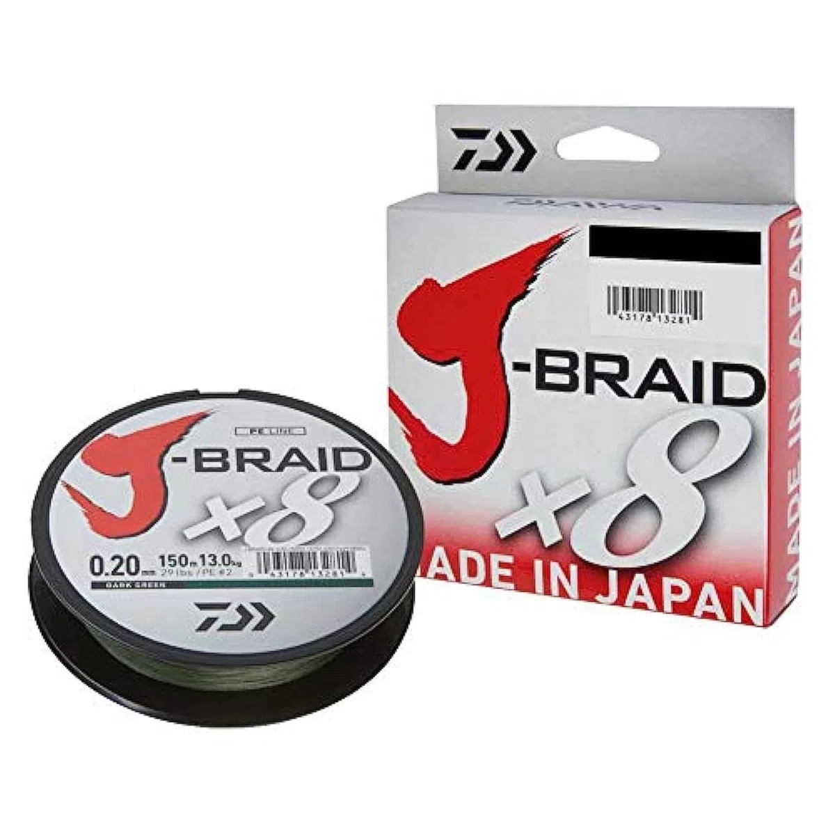 Daiwa J-Braid 8 Braid 0.35mm, 36.0kg / 79.0lbs, 300m vert foncé, ligne de pêche tressée ronde